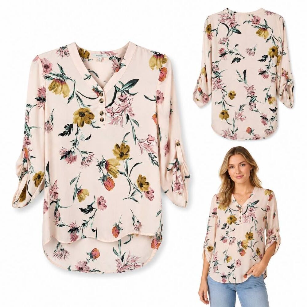Maurices XS Floral Blouse Pink Roll Tab High Low Top